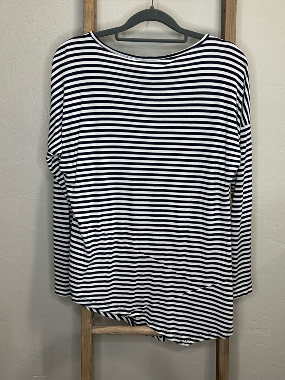 Cabi Asymmetrical Navy White Stripe Boat Tee Top Small